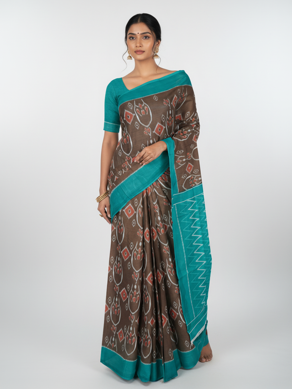 Light Brown Soft Cotton Saree with Printed Body, Contrast Printed Pallu