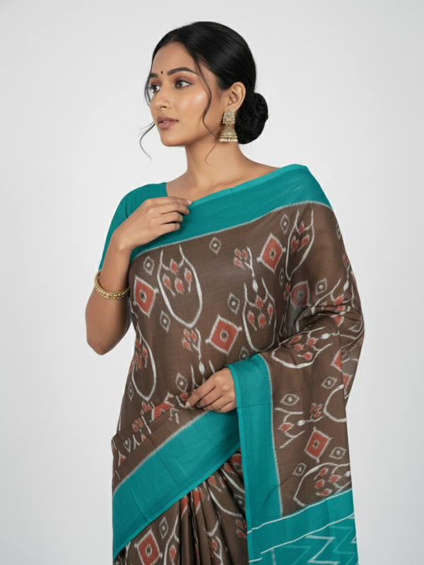Light Brown Soft Cotton Saree with Printed Body, Contrast Printed Pallu