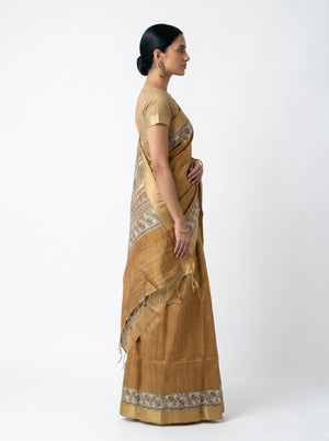 Semi Silk Mustard Brown Fine Check Saree with Floral Border