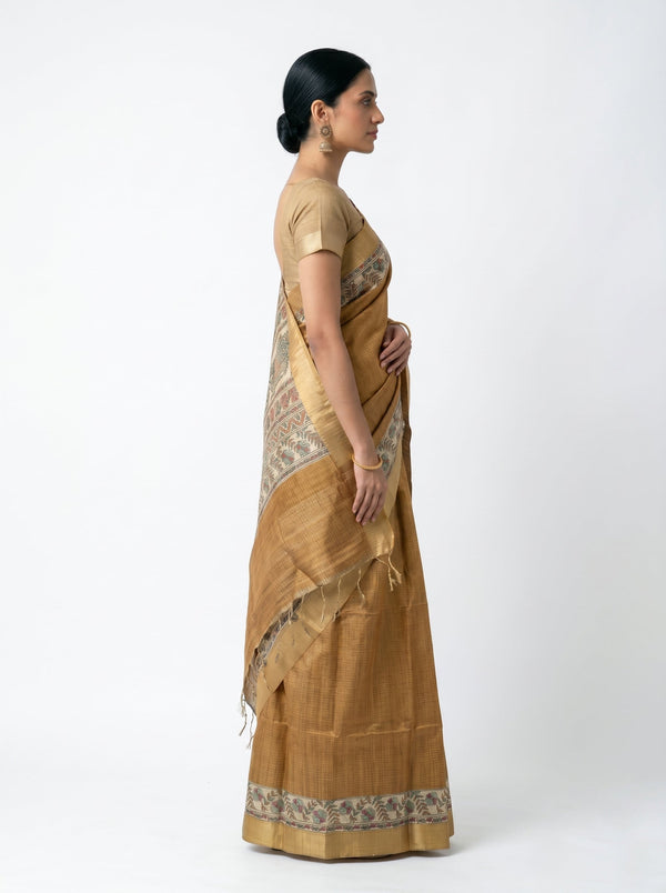 Semi Silk Mustard Brown Fine Check Saree with Floral Border