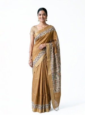 Semi Silk Mustard Brown Fine Check Saree with Floral Border