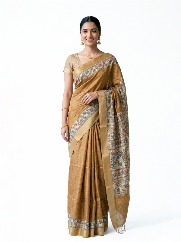 Semi Silk Mustard Brown Fine Check Saree with Floral Border