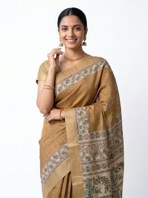 Semi Silk Mustard Brown Fine Check Saree with Floral Border
