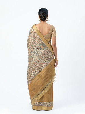 Semi Silk Mustard Brown Fine Check Saree with Floral Border