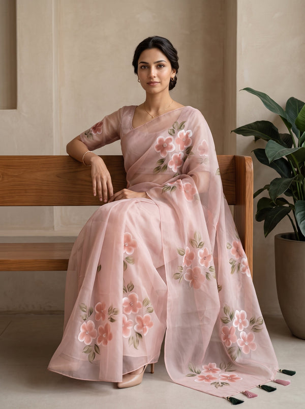 A woman seated on a wooden bench wearing a light pink embroidered saree with floral motifs and a matching dupatta in a softly lit indoor setting.