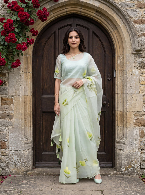 A woman stands in front of a stone archway and dark wooden door wearing a pale mint green saree with yellow floral prints. Red flowers and green leaves hang on the upper left side of the frame.