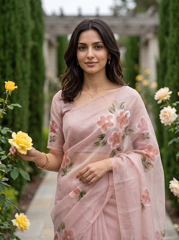 Organza Pink Floral Bunch Saree with Sequin Work and Tassels