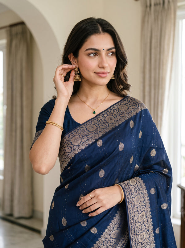 Banarasi Silk Navy Zari Butta Saree with Antique Golden Border