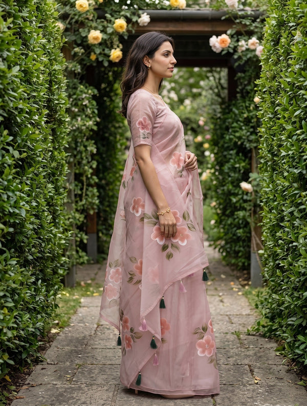 A woman wearing a dusty pink floral printed saree stands in profile on a stone path surrounded by a lush green garden with rose arches.