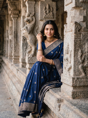 Banarasi Silk Navy Zari Butta Saree with Antique Golden Border