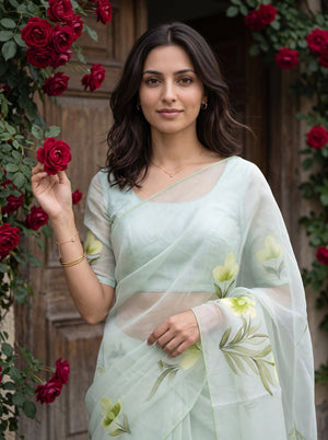 Organza Mint Green Print Floral Saree with Tassels