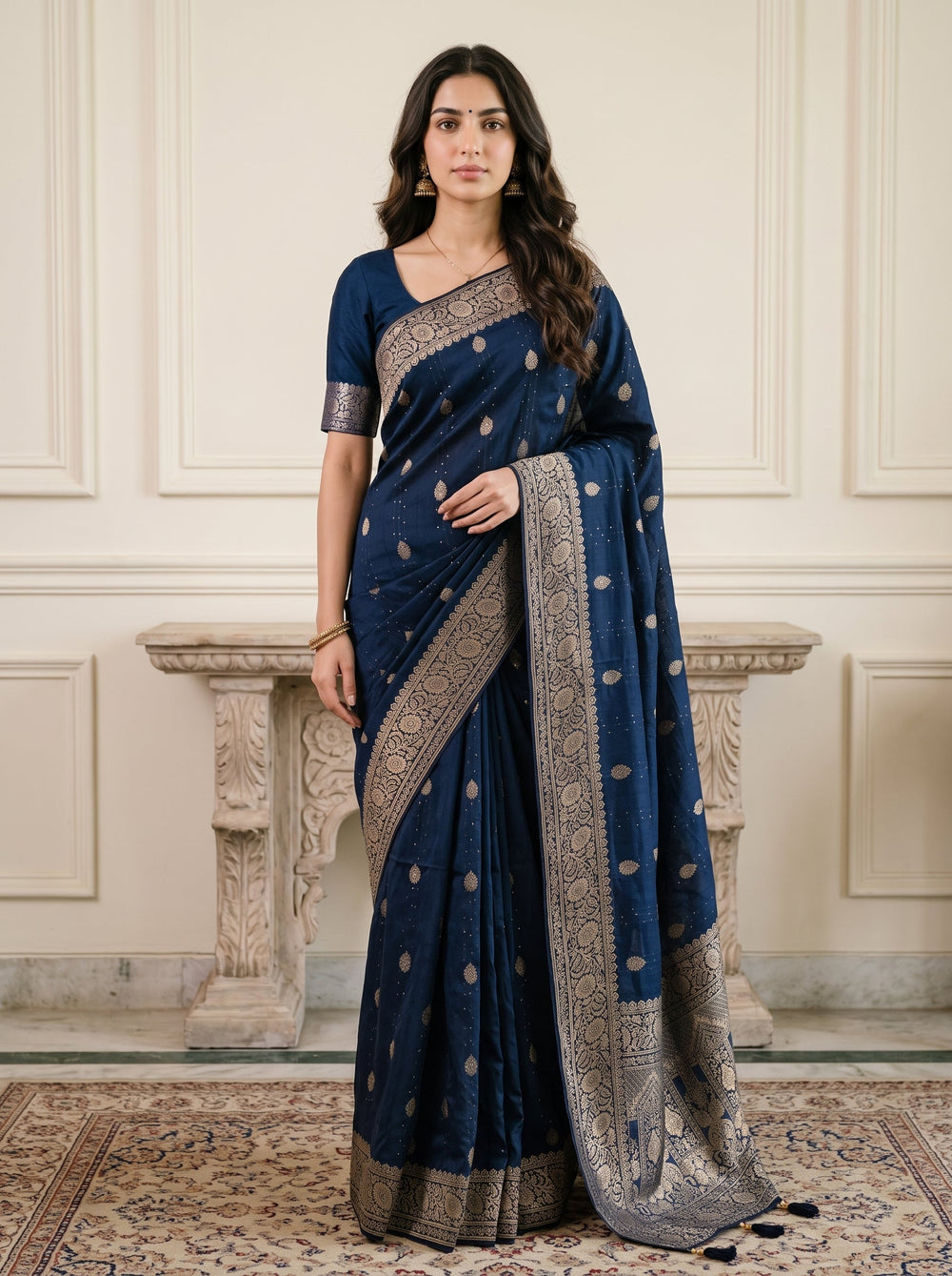 A woman modeling a navy blue saree with silver metallic border and motifs, standing in front of a cream-colored paneled wall and stone mantel.