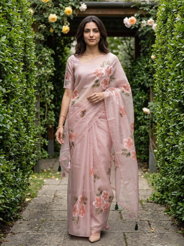 A woman stands on a stone path between tall green hedges wearing a light pink floral saree with a matching blouse. The saree has pink and peach flowers with green leaves and dark green tassel ties.