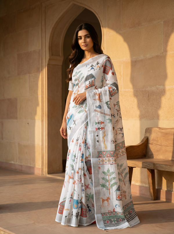 White Semi Linen Saree With Warli Print Design