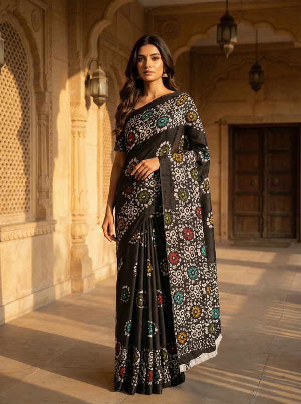 Black Soft Cotton Saree with Multicolor Floral Block Print