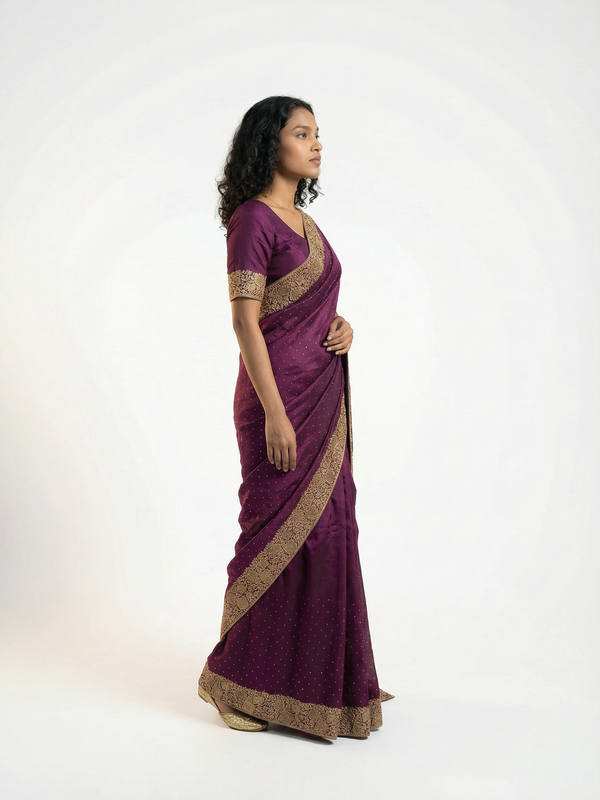 Vijithra Silk Wine Purple Embroidered Saree with Rich Gold Floral Border