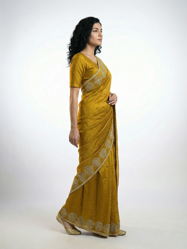 Vijithra Silk Mustard Gold Stone Work Border Designer Saree