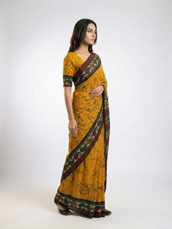 Cotton Mustard Yellow Saree with Traditional Batik Design and Ethnic Border