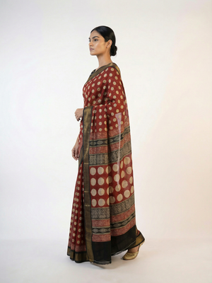 Cotton Red Printed Saree with Polka Dots and Designer Pallu