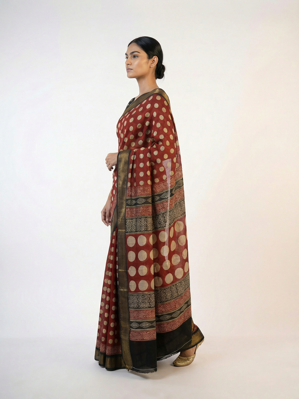 Cotton Red Printed Saree with Polka Dots and Designer Pallu