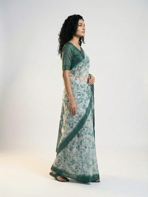 Cotton Pastel Green Saree with All Over Floral Print