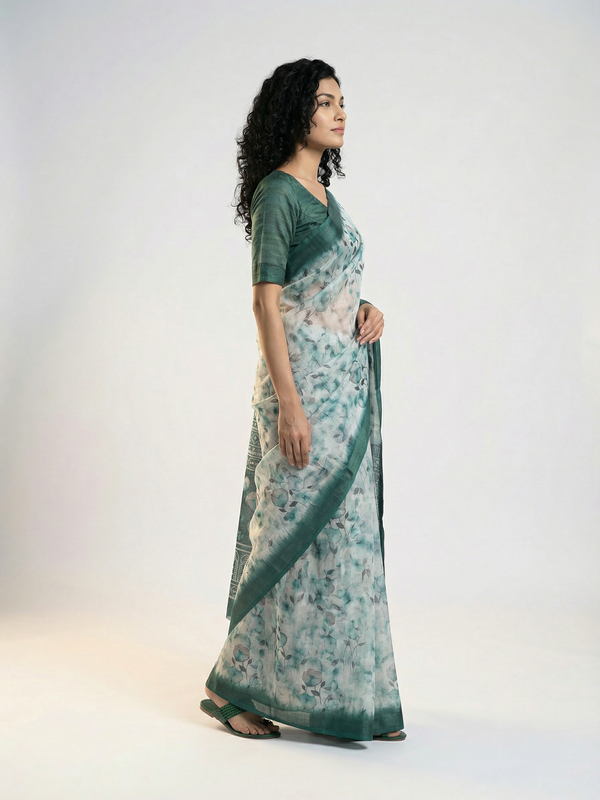Cotton Pastel Green Saree with All Over Floral Print