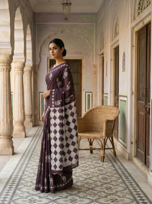 Soft Cotton Saree in Wine Maroon with Tribal Print & Contrast Geometric Pallu