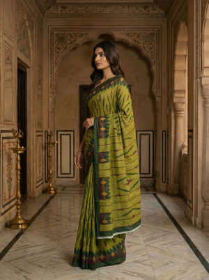 Pear Green Ikat Cotton Saree with Traditional Geometric Motifs