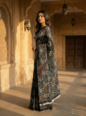 Black Soft Cotton Saree with Multicolor Floral Block Print