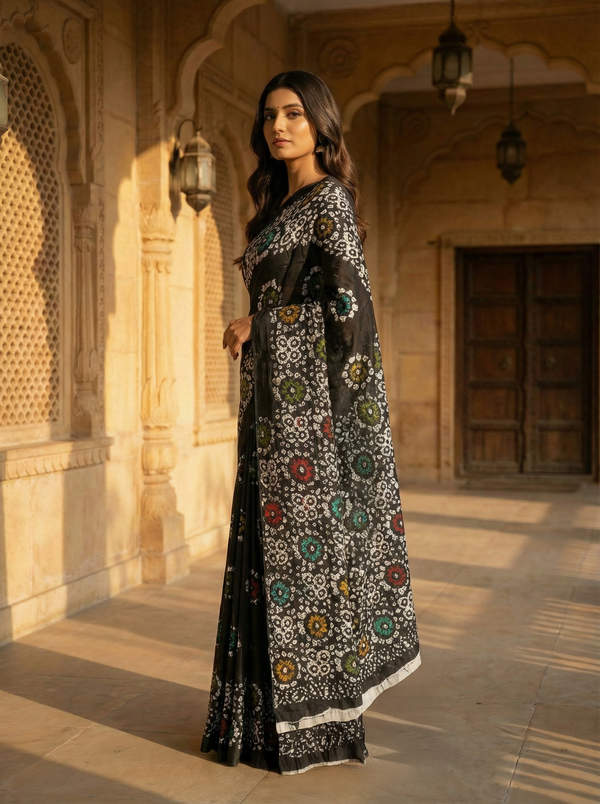 Black Soft Cotton Saree with Multicolor Floral Block Print