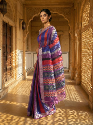 Multi Shade Striped Semi Linen Saree