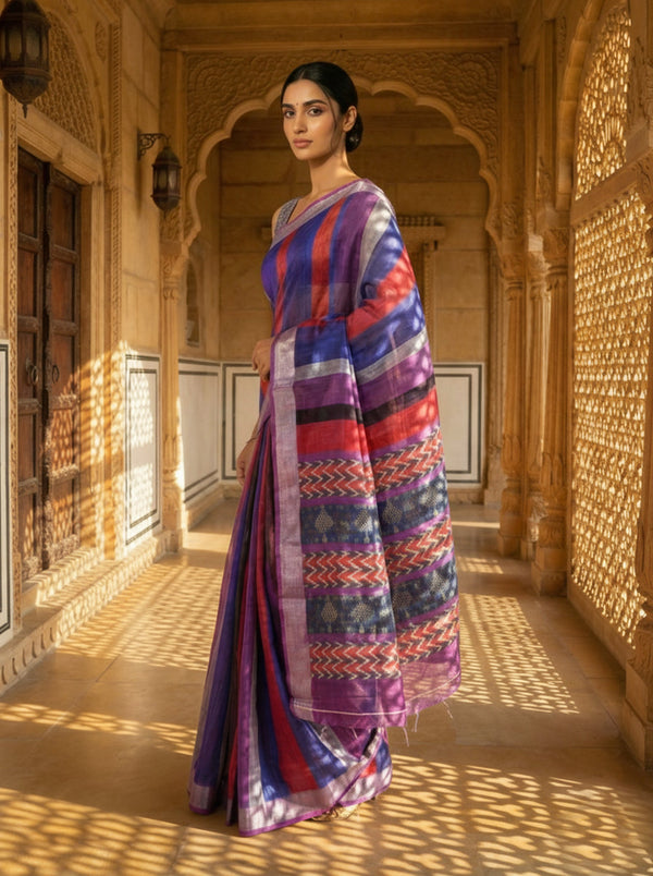 Multi Shade Striped Semi Linen Saree
