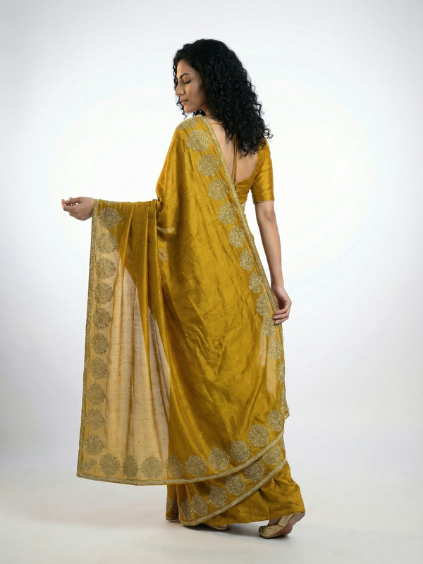 Vijithra Silk Mustard Gold Stone Work Border Designer Saree