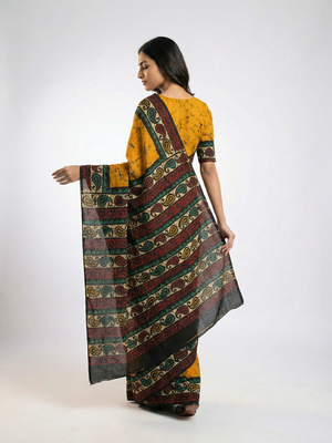 Cotton Mustard Yellow Saree with Traditional Batik Design and Ethnic Border