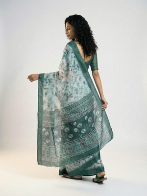 Cotton Pastel Green Saree with All Over Floral Print