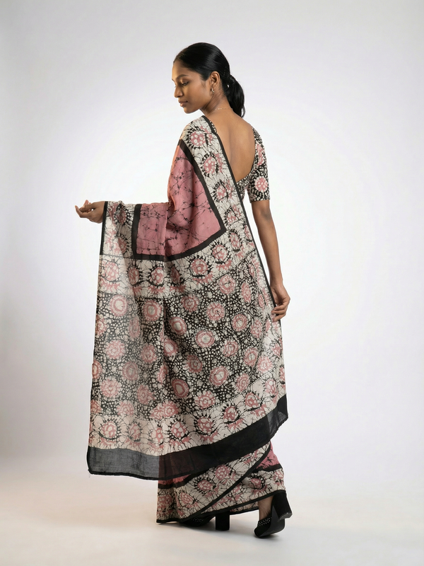 Cotton Pink Saree with Handcrafted Batik Look and Stylish Pallu