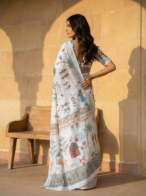 White Semi Linen Saree With Warli Print Design
