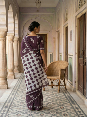 Soft Cotton Saree in Wine Maroon with Tribal Print & Contrast Geometric Pallu