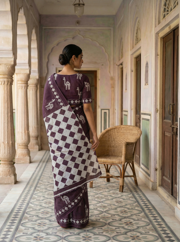 Soft Cotton Saree in Wine Maroon with Tribal Print & Contrast Geometric Pallu