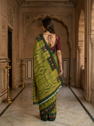 Pear Green Ikat Cotton Saree with Traditional Geometric Motifs