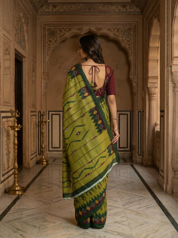 Pear Green Ikat Cotton Saree with Traditional Geometric Motifs