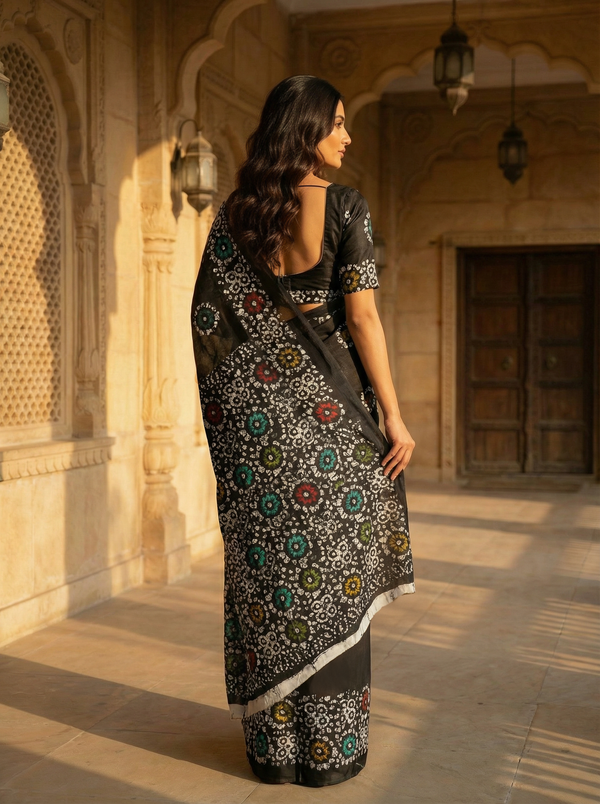 Black Soft Cotton Saree with Multicolor Floral Block Print