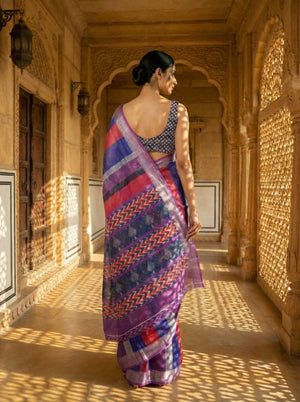 Multi Shade Striped Semi Linen Saree
