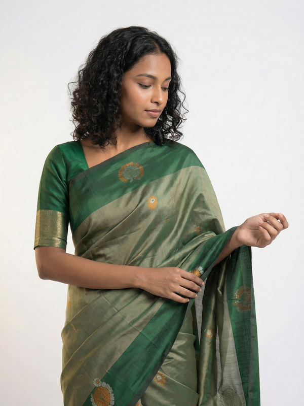 Art Silk Olive Green Floral Printed Saree with Contrast Border