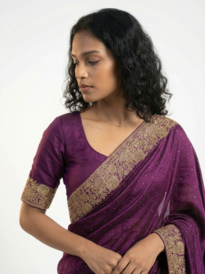Vijithra Silk Wine Purple Embroidered Saree with Rich Gold Floral Border