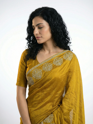 Vijithra Silk Mustard Gold Stone Work Border Designer Saree