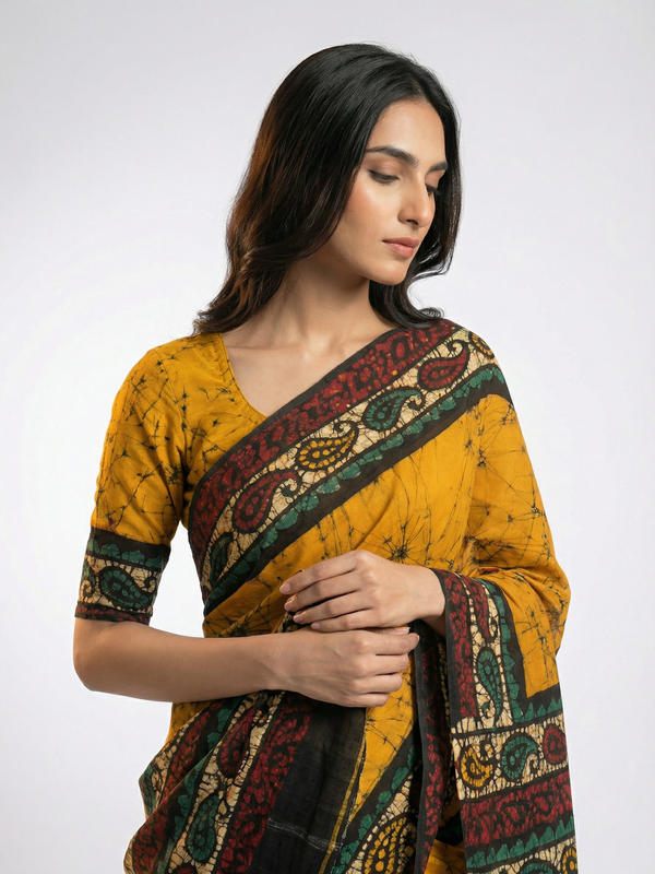 Cotton Mustard Yellow Saree with Traditional Batik Design and Ethnic Border