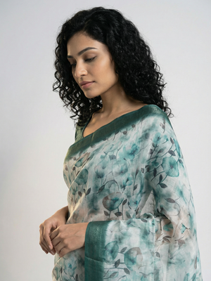 Cotton Pastel Green Saree with All Over Floral Print