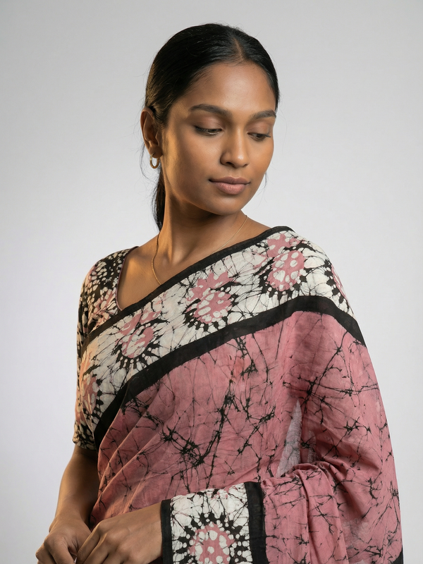 Cotton Pink Saree with Handcrafted Batik Look and Stylish Pallu