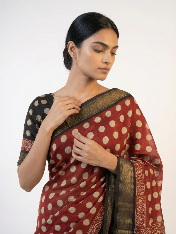 Cotton Red Printed Saree with Polka Dots and Designer Pallu